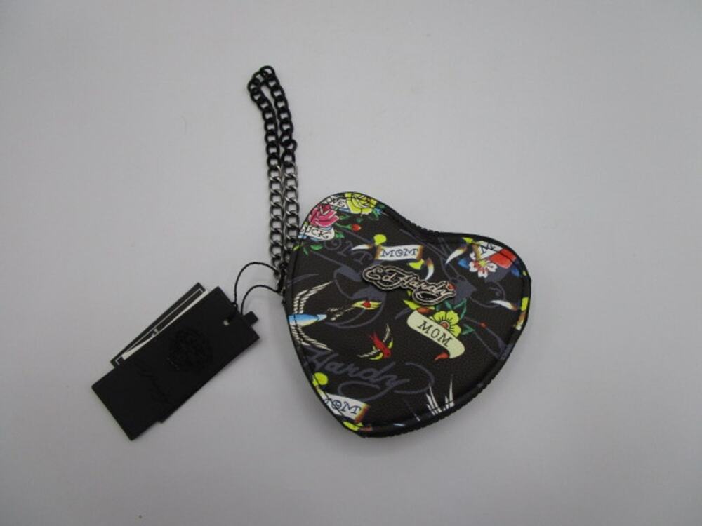 Ed Hardy Mom Tattoo Heart Shaped Zip Coin Purse Chain Strap Wristlet Black Vegan